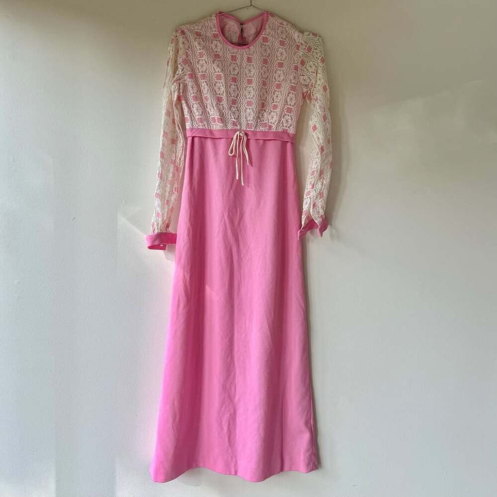 Vintage Handmade 1970s Pink And Cream Lace Maxi Dress